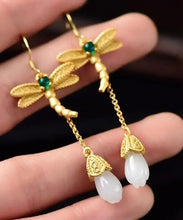 Load image into Gallery viewer, Chic Gold Sterling Silver Overgild Inlaid Jade Tassel Dragonfly Drop Earrings