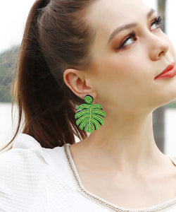 Chic Green Handmade Beading Knit Fabric Tortoid Drop Earrings