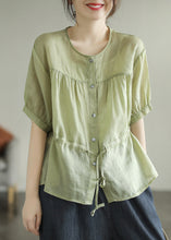 Load image into Gallery viewer, Chic Green O-Neck Patchwork Wrinkled Tie Waist Solid Ramie Shirt Short Sleeve