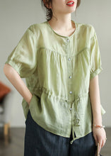 Load image into Gallery viewer, Chic Green O-Neck Patchwork Wrinkled Tie Waist Solid Ramie Shirt Short Sleeve