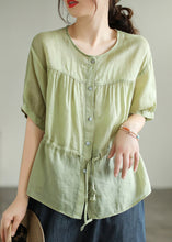 Load image into Gallery viewer, Chic Green O-Neck Patchwork Wrinkled Tie Waist Solid Ramie Shirt Short Sleeve