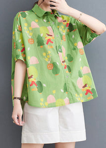 Chic Green Peter Pan Collar Print Patchwork Cotton Shirt Tops Summer