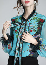 Load image into Gallery viewer, Chic Indigo Stand Collar Print Tie Waist Silk Shirt Long Sleeve