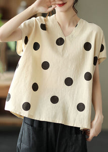 Chic Light Khaki V Neck Print Patchwork Linen T Shirt Tops Summer