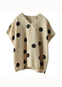 Chic Light Khaki V Neck Print Patchwork Linen T Shirt Tops Summer