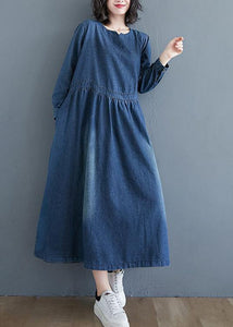 Chic O Neck Cinched Spring Tunic Wardrobes Denim Blue Art Dresses
