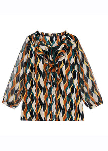 Chic O-Neck Print Ruffles Chiffon Shirt Fall