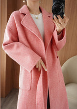 Load image into Gallery viewer, Chic Pink Notched Tie Waist Woolen Maxi Coat Fall