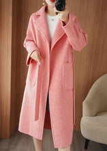 Load image into Gallery viewer, Chic Pink Notched Tie Waist Woolen Maxi Coat Fall