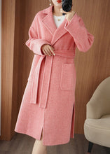 Load image into Gallery viewer, Chic Pink Notched Tie Waist Woolen Maxi Coat Fall