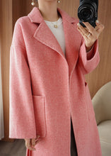 Load image into Gallery viewer, Chic Pink Notched Tie Waist Woolen Maxi Coat Fall