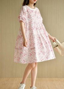 Chic Pink Puff Sleeve Print Summer Cotton Dresses