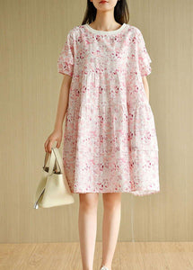 Chic Pink Puff Sleeve Print Summer Cotton Dresses