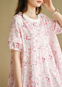 Chic Pink Puff Sleeve Print Summer Cotton Dresses