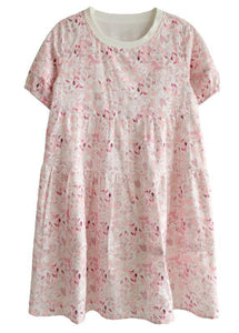 Chic Pink Puff Sleeve Print Summer Cotton Dresses