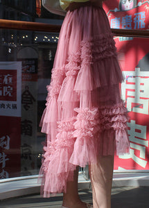 Chic Pink Ruffled asymmetrical design tulle Skirts Spring