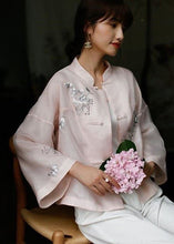 Load image into Gallery viewer, Chic Pink Stand Collar Embroideried Floral Button Top Long Sleeve