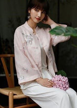 Load image into Gallery viewer, Chic Pink Stand Collar Embroideried Floral Button Top Long Sleeve