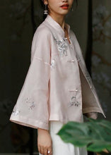 Load image into Gallery viewer, Chic Pink Stand Collar Embroideried Floral Button Top Long Sleeve