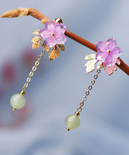 Load image into Gallery viewer, Chic Pink Sun Flower Crystal Fine Jade 14K Gold Tassel Drop Earrings