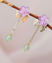 Load image into Gallery viewer, Chic Pink Sun Flower Crystal Fine Jade 14K Gold Tassel Drop Earrings