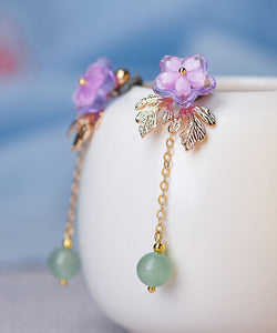 Chic Pink Sun Flower Crystal Fine Jade 14K Gold Tassel Drop Earrings