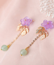 Load image into Gallery viewer, Chic Pink Sun Flower Crystal Fine Jade 14K Gold Tassel Drop Earrings