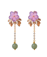 Load image into Gallery viewer, Chic Pink Sun Flower Crystal Fine Jade 14K Gold Tassel Drop Earrings