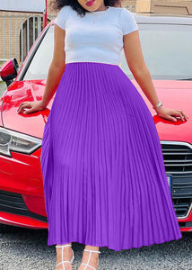 Chic Purple High Waist Patchwork Chiffon Pleated Skirt Summer