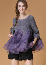 Load image into Gallery viewer, Chic Purple Ruffled Patchwork Organza Shirt Top Bracelet Sleeve