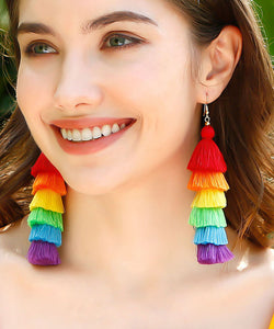 Chic Rainbow Knit Fabric Silk Cotton Tassel Drop Earrings