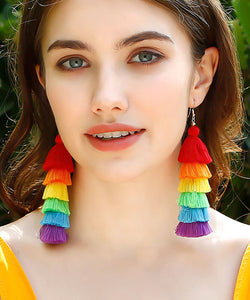 Chic Rainbow Knit Fabric Silk Cotton Tassel Drop Earrings