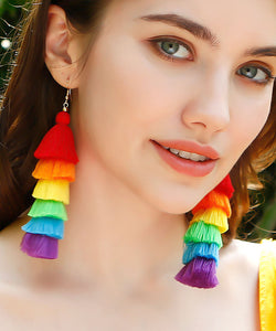 Chic Rainbow Knit Fabric Silk Cotton Tassel Drop Earrings