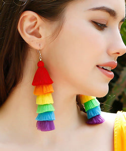 Chic Rainbow Knit Fabric Silk Cotton Tassel Drop Earrings