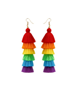 Chic Rainbow Knit Fabric Silk Cotton Tassel Drop Earrings