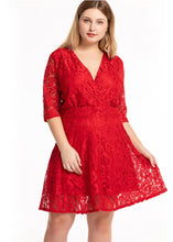 Load image into Gallery viewer, Chic Red Patchwork Lace Mid Dresses Half Sleeve