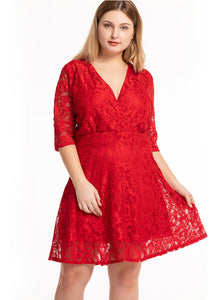 Chic Red Patchwork Lace Mid Dresses Half Sleeve