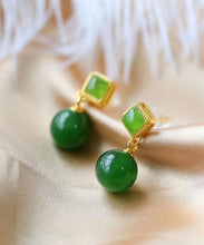 Load image into Gallery viewer, Chic Spinach Green Sterling Silver Overgild Jade Drop Earrings