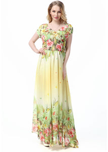 Chic V Neck Patchwork Print Beach Long Dress Short Sleeve