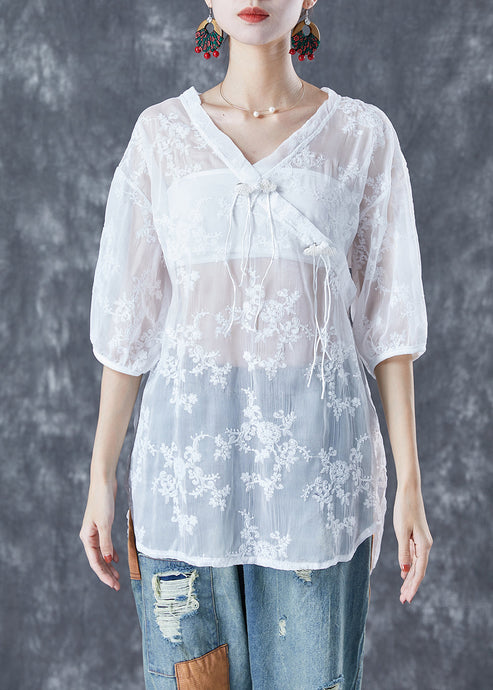 Chic White Embroideried Tassel Tulle Shirt Tops Summer