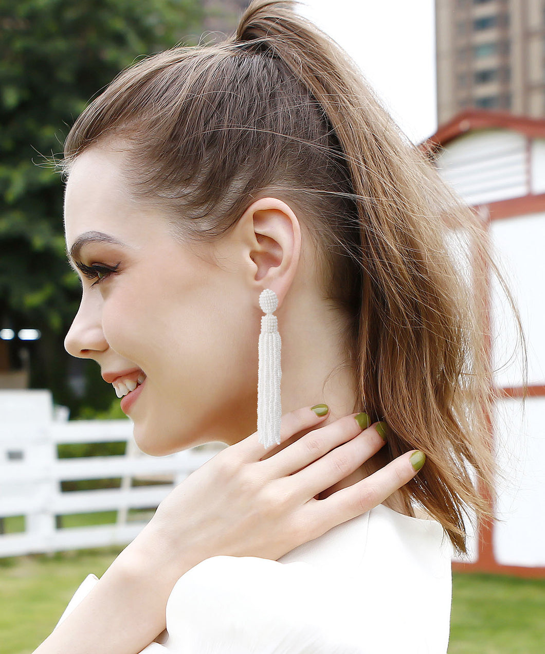 Chic White Hand Knitting Rice Ball Tassel Drop Earrings