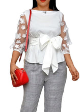 Load image into Gallery viewer, Chic White O-Neck Chiffon Patchwork Bow Chiffon Shirts Summer