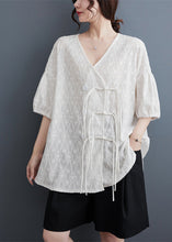 Load image into Gallery viewer, Chic White V Neck Print Tassel Solid Lace Shirt Summer