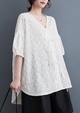 Load image into Gallery viewer, Chic White V Neck Print Tassel Solid Lace Shirt Summer