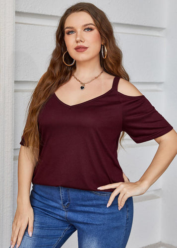 Chic Wine Red Backless Patchwork Loose Cotton T Shirts Top Summer