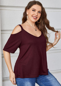 Chic Wine Red Backless Patchwork Loose Cotton T Shirts Top Summer