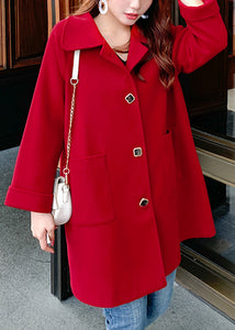 Chic Wine Red Button Pockets Patchwork Woolen Coats Fall