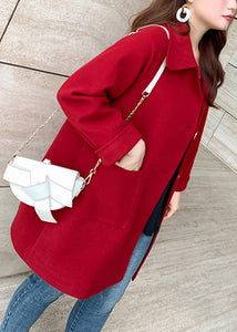 Chic Wine Red Button Pockets Patchwork Woolen Coats Fall