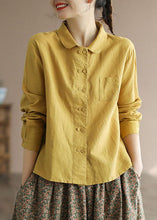 Load image into Gallery viewer, Chic Yellow Peter Pan Collar Button Patchwork Linen Shirts Tops Spring