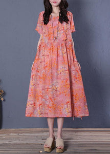 Chic o neck short sleeve cotton summer Wardrobes linen pink print Maxi Dresses